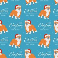 Seamless pattern with Christmas Corgi in hand drawn style. Greeting text Merry Christmas and Happy New Year. Background for wrapping paper, greeting cards and seasonal designs. vector