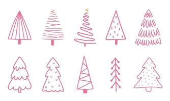 Collection of Christmas trees in pink color. Hand drawn illustrations vector