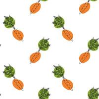 Seamless pattern with carrot on white background. Continuous one line drawing chili carrot. Black line art on white background with colorful spots. Vegan concept vector