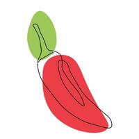Continuous one line drawing chilli pepper. Black line art on white background with colorful spots. Cartoon chilli pepper isolated on white background. Vegan concept vector