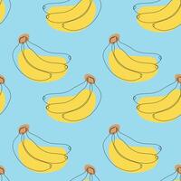 Seamless pattern with banana on blue background. Continuous one line drawing banana. Black line art on blue background with colorful spots. vector