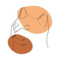 Continuous one line drawing with cute cat face. Contemporary illustration on white background. Black line art on white background with colorful spots. vector
