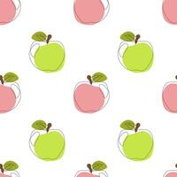 Seamless pattern with apple on white background. Continuous one line drawing apple. Black line art on white background with colorful spots. Vegan concept vector