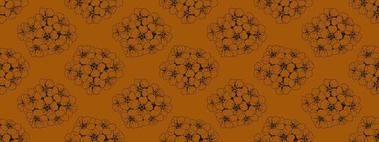 Elegant seamless pattern of stylized floral bouquets in dark brown on a warm, burnt orange background. Perfect for textile prints, wallpaper, website design, or packaging. vector