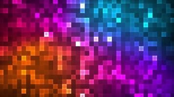 Abstract animated background featuring glowing pixel squares in a vibrant gradient of orange, pink, purple, and blue. Dynamic digital mosaic for ads, cover, business, sales presentation, etc video