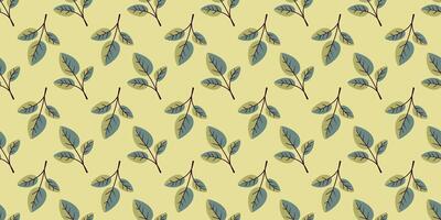 Elegant seamless pattern featuring stylized teal leaves on a pale yellow background. Perfect for textile design, wallpaper, or website backgrounds. Evokes nature, freshness, and a calming aesthetic. vector