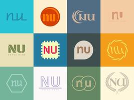 NU logo template. Letter n and u logotype. Set different classic serif lettering and modern bold text with design elements. Initial font typography. vector