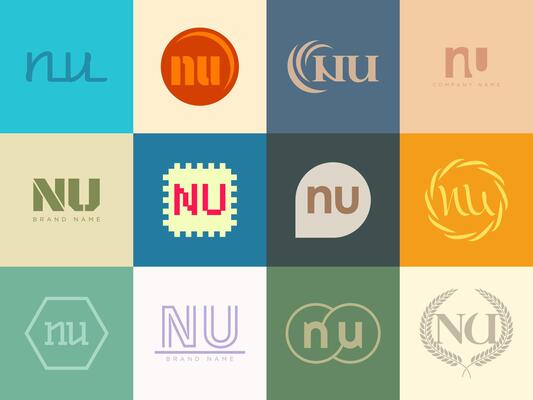 NU logo template. Letter n and u logotype. Set different classic serif lettering and modern bold text with design elements. Initial font typography.