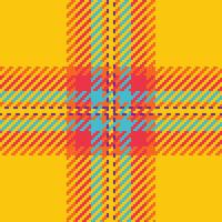 Vibrant pixelated plaid pattern in bold yellow, red, and teal. Perfect for textile design, website backgrounds, or playful branding. This cheerful, geometric design evokes energy and warmth. vector