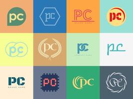 PC logo template. Letter p and c logotype. Set different classic serif lettering and modern bold text with design elements. Initial font typography. vector