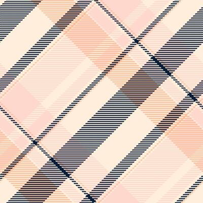 Elegant diagonal plaid pattern in soft peach and pink hues, accented by navy lines. Perfect for textile design, fashion, or website backgrounds.