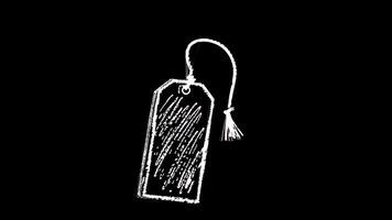 A white tag hanging from a string on a black background video