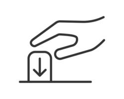 Hand pushing button with arrow down. Clean line art. Symbolizes action, control, trigger, or selection. Great for interfaces, manuals, or instructions. vector