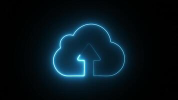 A neon blue cloud icon with an upward arrow signifies data upload on a dark background. video