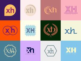 XH logo template. Letter x and h logotype. Set different classic serif lettering and modern bold text with design elements. Initial font typography. vector