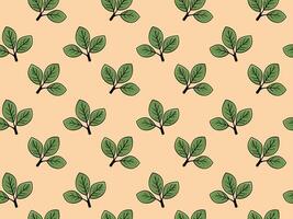 Seamless pastel peach background featuring a repeating pattern of stylized green leaves. Perfect for textile design, wallpaper, branding, or website backgrounds. vector