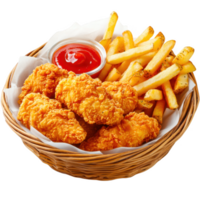 Chicken nuggets with fries in basket on transparent background png