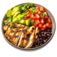 Chicken bowl with avocado and tomato on transparent background png