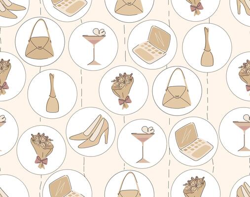 Seamless pattern in beige colors with hand-drawn ladies' stuff.