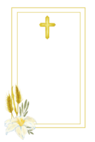 Vertical golden frame with cross, white flowers and ears. Copy space. Isolated. Hand drawn. Template for first communion, confirmation, baptism, wedding greeting cards, invitation, save the date png