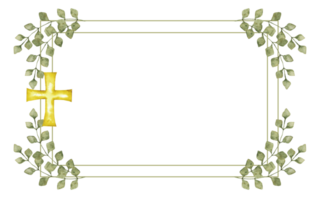 Horizontal frame with green leaves and golden cross. Hand drawn. Template for first communion, confirmation, baptism, wedding greeting cards, invitation, save the date. Copy space. Isolated png