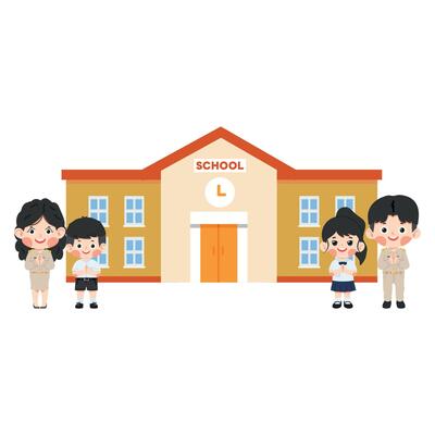 Cartoon Students and Teachers Greeting at School