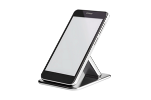 a smartphone on a stand with a screen on transparent background png