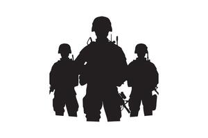 Silhouette of three soldiers standing in front of a white background vector