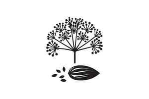 A black and white illustration of a tree and seeds vector
