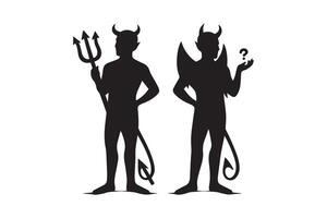 Two devil men standing next to each other, one holding a pitchfork and the other holding a vector