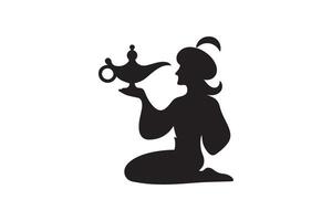 A silhouette of a man holding a genie lamp vector