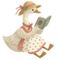 A white duck with a hat and dress reading a book png