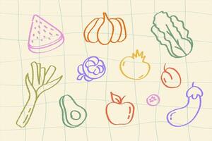 Set of sketches of vegetables and fruits, colorful collection of hand drawn doodles on beige textured background. vector