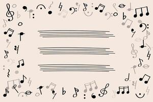 Music frame with notes and symbols on pastel background for World Music Day or Jazz Day. Hand drawn music symbols in doodle style forming a creative frame on soft pastel background. vector