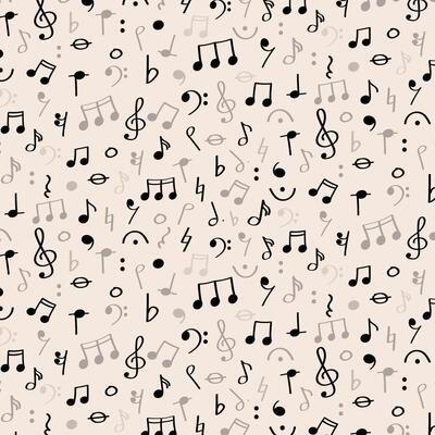Dense pattern of music notes and symbols for World Music Day or Education Month. Busy pattern featuring small musical icons in black on soft background. Ideal for music themed produc