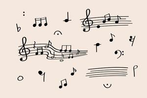 Music notes and flowing staff lines on a pastel background for Music Day or Piano Day. Dynamic composition of notes and staff elements in a hand-drawn doodle style. Perfect for Piano Day content. vector