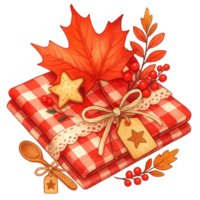 A red and white checkered cloth with a maple leaf and berries png