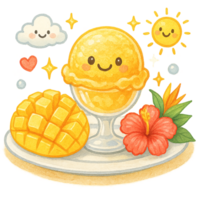 A plate with a mango and a cup of ice cream png