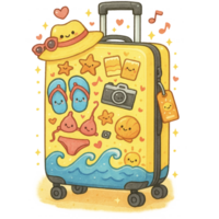 A suitcase with stickers and a beach scene png