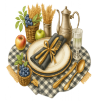 A table setting with a plate, silverware, and fruit png