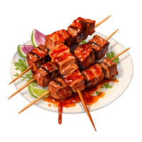 A plate with meat on skewers and a slice of lime png