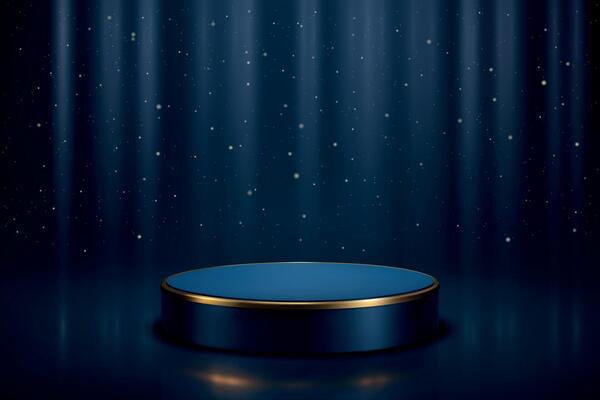 Blue podium with spotlights on glitter star background