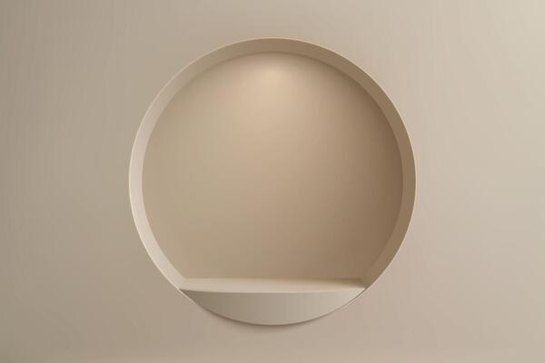 Beige interior wall with round architectural shelf niche and lighting
