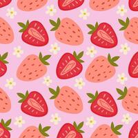 cute summer pattern with strawberries and flowers on a pink background, summer flat berries, summer theme, summer patterns for various products. Hand drawn retro illustration vector