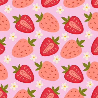 cute summer pattern with strawberries and flowers on a pink background, summer flat berries, summer theme, summer patterns for various products. Hand drawn retro illustration