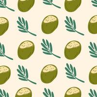 Abstract tropical summer pattern with coconut and leaf in cartoon flat style. Design for wallpaper, prints, textile, wrapping paper, background. Hand drawn illustration vector