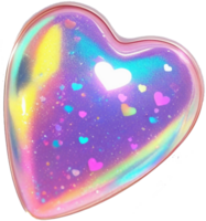 shows a shiny, holographic heart with a glossy surface, decorated with colorful sparkles and small heart shapes in a rainbow-like gradient. png