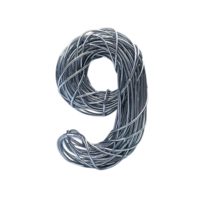 Metallic Wire Number Nine Abstract Design Modern 3D Render Elegant Silver Texture Shiny Alphabet png