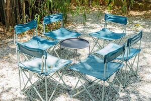 picnic camping table table set with group of chair setting outdoor forest park no people photo