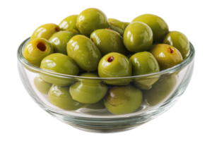Fresh green olives in clear bowl png